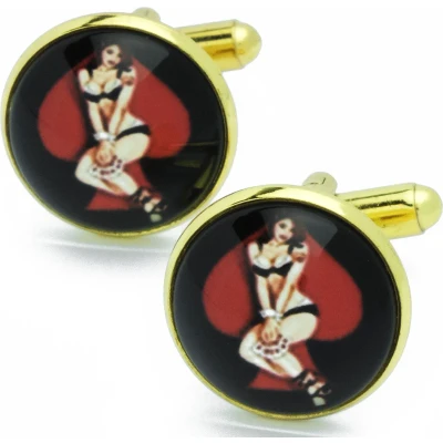 Afbeelding van Manchetknopen Pin up Girl Zwart met Rode Kaarten Goudkleurig