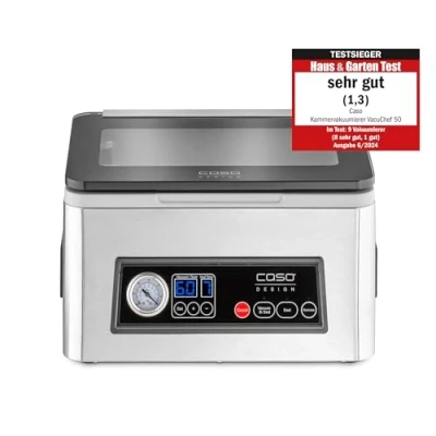 Afbeelding van CASO VacuChef 50 kamervacuümverpakker van roestvrij staal, 70 l/min, 4 kamervolumes, dubbele lasnaad (elk 2 mm), marineerfunctie, incl. 30 zegelrandzakken, reserveafdichting en vacuümslang, 1416