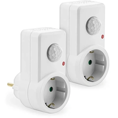 Afbeelding van deleyCON 2x Infrarood Bewegingsmelder voor Binnen Stopcontacten Lichtregeling 120 Werkveld 9m Bereik Ingebouwde Lichtsensor Instelbare Gevoeligheid Wit