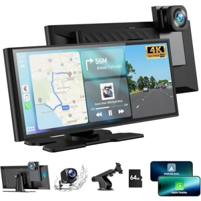 Afbeelding van Volam 9,26&#039;&#039; draadloze Carplay Screen Araagbare autoradio met 4K Dash Cam, 1080p Achteruitrijcamera, A pple Android Auto, Mirror Link, Loop Recording, GPS navigatie, AUX/FM