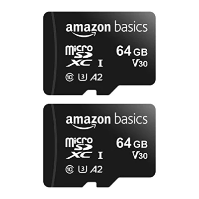 Afbeelding van Amazon Basics Micro SDXC geheugenkaart, met adapter in volledige grootte, A2, U3, leessnelheid tot 100 MB/s, 64 gb, set van 2, zwart