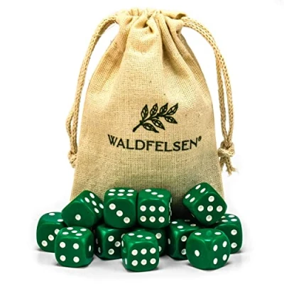 Afbeelding van Waldfelsen ® Hoogwaardige dobbelstenen, standaardformaat, 16 mm, speeldobbelstenen, 6 zijdig zeszijdig speelaccessoireset met stoffen zak (groen, 12 stuks)