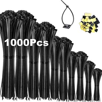Afbeelding van Honyear 1000 stuks kabelbinders, zwart, 100/150/200/250/300 mm en 20 zelfklevende sokkels, kabelbinderset, uv bestendig, hittebestendig, kunststof kabelbinderset