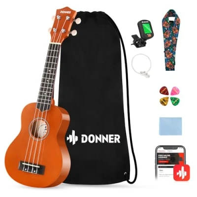 Afbeelding van Donner Ukelele voor beginners, sopraanukelele, 53,3 cm, volwassenen, met tas, stemgordel, mahoniekleur online les