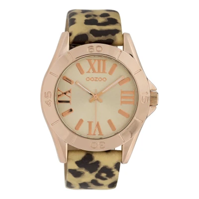 Afbeelding van OOZOO Timepieces Rosé goudkleurige horloge met zwart/goudkleurige leren band C9783