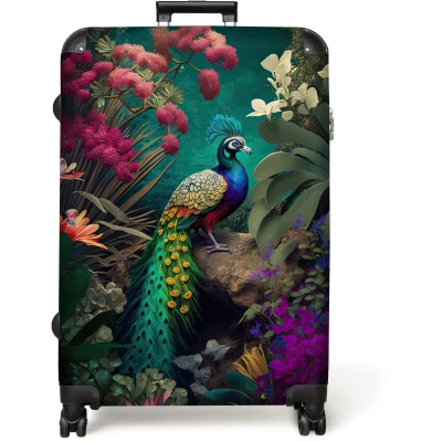 Afbeelding van NoBoringSuitcases.com® Koffer groot Reiskoffer lichtgewicht Pauw Veren Bloemen Planten Vogel Rolkoffer met 4 wielen Grote trolley XL 98 liter bagage