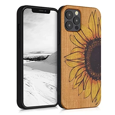 Afbeelding van kwmobile telefoonhoesje compatibel met Apple iPhone 12 / Pro Hoesje van hout en TPU In geel/donkerbruin/lichtbruin Wood Sunflower