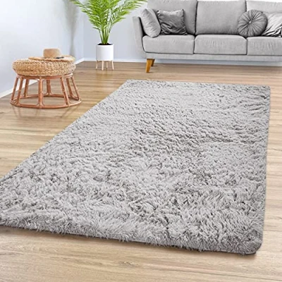 Afbeelding van Vloerkleed Woonkamer Hoogpolig Langpolig Zacht Soft Modern Eenkleurig Design, Kleur: Grijs Zilver, Maat:140x200 cm