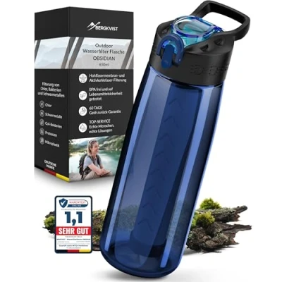 Afbeelding van BERGKVIST® OBSIDIAN Outdoor waterfilter, 650 ml, met kompas, drinkfles filter voor schoon drinkwater, waterbehandeling camping , prepper en survivaluitrusting (blauw)