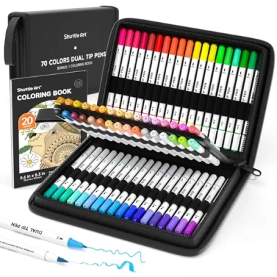 Afbeelding van Shuttle Art Penseelstiften met dubbele punt, 70 kleuren fijne stiften en penseelpunten, set draagbare etui 1 kleurboek, viltstift voor volwassenen kinderen, kleurpotloden