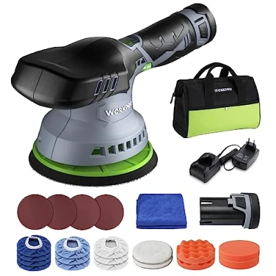 Afbeelding van WORKPRO excentrische polijstmachine, 12 V, accupolijstmachine 2800 5500 tpm, draadloos, 150 mm, met 2 x 2,0 Ah accu en 1 tas 23 accessoires, auto polijstset