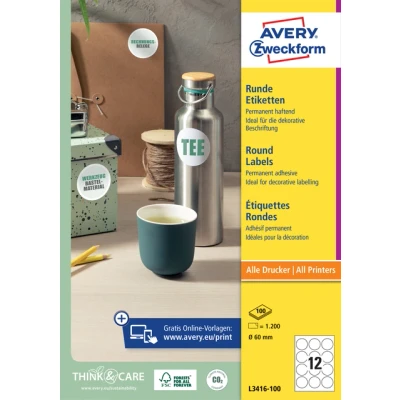 Afbeelding van Etiket Avery Zweckform L3416 rond 60mm wit 1200stuks
