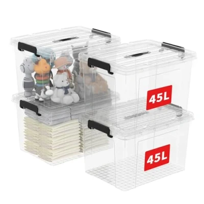 Afbeelding van Cetomo 45L x 4 opbergdozen, plastic opbergdoos met deksels, organiserende container handvat en veilige vergrendelende gespen, stapelbaar, nestbaar, draagtas voor thuiskantoor kleding, 4Pack,