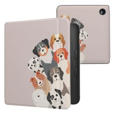 Afbeelding van kwmobile E reader hoesje geschikt voor Kobo Libra 2 hoes flip case met magnetische sluiting Ereader cover Grappige Honden design in bruin / wit taupe