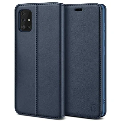 Afbeelding van BEZ Samsung A51 Hoesje Bookcase, Book Case PU Leer Wallet Met Pasjeshouder voor Galaxy A51, Telefoonhoes Leren Portemonnee Flip Cover, Standaard, Magnetische Sluiting, Blauw