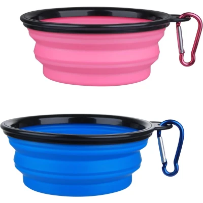 Afbeelding van 2x Opvouwbare Drinkbak/Voerbak Waterbak Kat en Hond Siliconen Drinkbak Voerbak Opvouwbaar Drinkbakje Reisvoerbak 350 ML Blauw + Roze