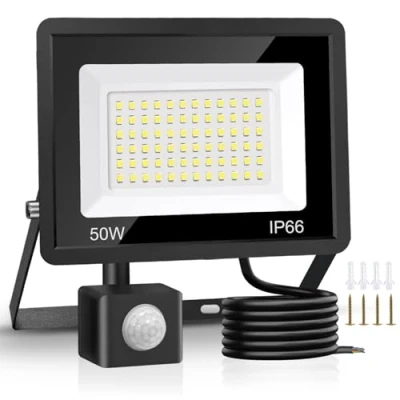 Afbeelding van Jsdoin 50 W veiligheidsverlichting voor buiten, bewegingsmelder, 4500 lumen, 6500 K, PIR veiligheidslamp, led schijnwerper, IP66, waterdichte buitendaglicht wandlamp met 2 m kabel garage