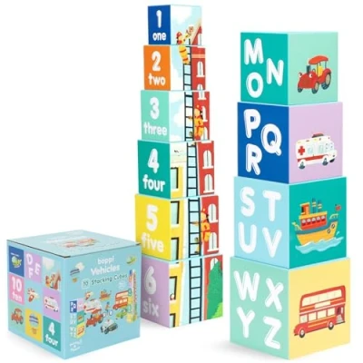 Afbeelding van boppi Montessori Stapeldobbelstenen, speelgoed met voertuigen, letters, cijfers, stapelspeelgoed vanaf 1 jaar, stapeltoren als motoriekspeelgoed, stapelspel set dobbelstenen