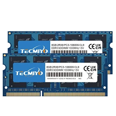 Afbeelding van TECMIYO 16 GB Kit (2 x 8 GB) DDR3 1333 MHz PC3 10600S Unbuffered Non ECC 1,5 V CL9 2Rx8 Dual Rank 204 Pin SODIMM Laptop Geheugen RAM Module Upgrade (16 GB))