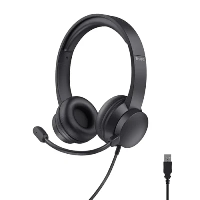 Afbeelding van Trust Roha II On Ear USB Headset met Microfoon, Lichtgewicht Koptelefoon, Verstelbare Hoofdband, Headphones Kabel van 1.8 m voor PC Laptop Chat Thuiswerken Skype Zoom Teams Zwart