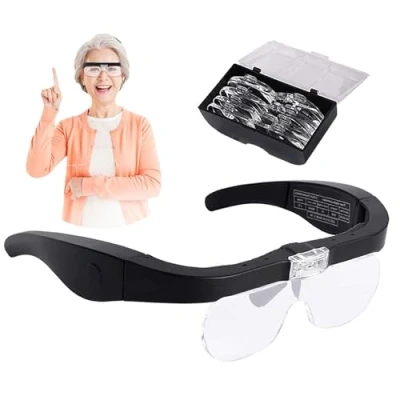 Afbeelding van DXIA Loepbril met 2 LED, Professionele Hoofdloep, Set Inclusief 4 Lenzen (1.5x 2.5x 3.5x 5x), Vergrootglazen, voor Wimperextensions, Lezen, Knutselen, Juweliers, Naaien en Repareren