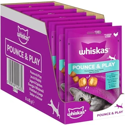 Afbeelding van Whiskas Pounce &amp; Play kattensnacks in portiezak voor volwassen katten met kip, 8 x 45 g