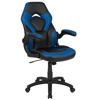 Afbeelding van Flash Furniture X10 High Back Leather Soft Racing Style Gaming Stoel met Opklapbare Armen, Ergonomische Gewatteerde Draaibare Computerstoel, Blauw/Zwart