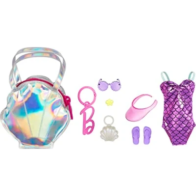 Afbeelding van Barbie Kleding Outfit Poppen Accessoires Paarse Badpak met Grote tas, Zonnebril, cap, handtas en slippers