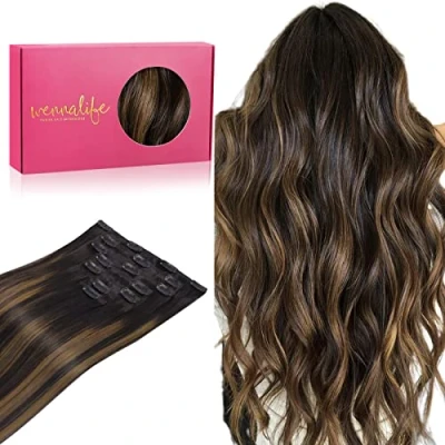 Afbeelding van Wennalife clip in extensies, echt haar, 40 cm, 120 g, 7 stuks, spoeling natuurlijk zwart tot kastanjebruin, Remy haarverlenging, haar