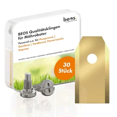 Afbeelding van BEOS® 30 x premium titanium reservemessen + schroeven voor merken Husqvarna, Gardena, Yard Force, McCulloch, Powerworks 0,75 mm bladdikte lang grasmaaierplezier