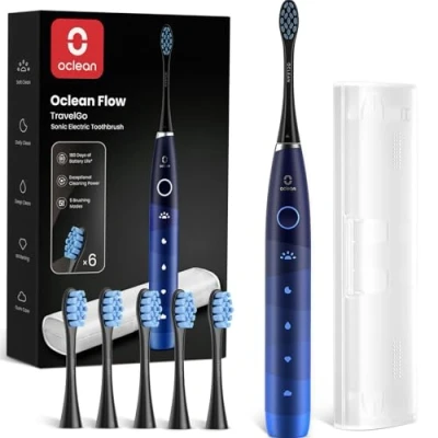 Afbeelding van Oclean Sonic Electric Toothbrush TravelGo FlowSet, 180 Days Battery Life, 76000 VPM Motor, 5 Modes, Waterproof, USB C Rechargeable, 6 Replacement Heads &amp; Travel Case, Eco friendly Packaging, Blue