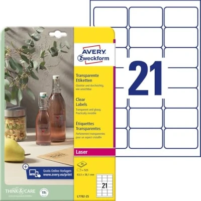 Afbeelding van Avery Zweckform L7782 25 folie etiketten 63.5 x 38.1 mm Polyester Transparant 525 stuk(s) Permanent hechtend Laser (zwart/wit), (kleur)