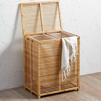 Afbeelding van Bakaji Vuile wasmand van bamboe, met grijze stof, voor huis, badkamer, 2 vakken, ruimtebesparende opbergdoos deksel en uittrekbare zak, 50 x 35 60 cm