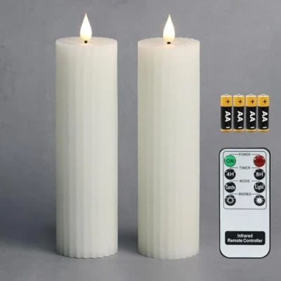 Afbeelding van Fanna 20,5 cm witte slanke kolom batterij aangedreven LED kaarsen, vlamloze pijler kaarsen streep ontwerp voor Kerstmis, batterijen en afstandsbediening inbegrepen Set van 2