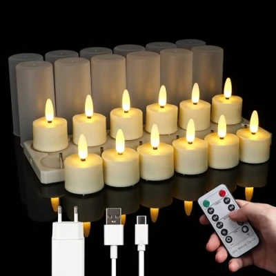 Afbeelding van FREEPOWER 12 oplaadbare led theelichtjes met laadstation, kopjes, USB kabel, elektrische waxinelichtjes afstandsbediening, timer, flikkeren, warm wit, dimbaar (Ø 4 x 5,5 cm)