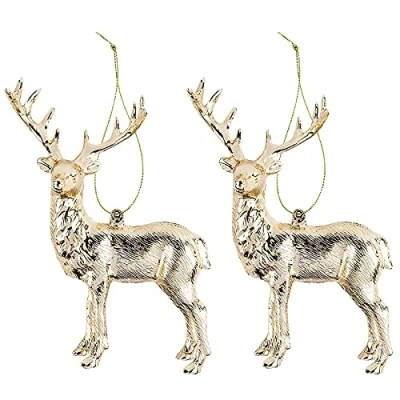 Afbeelding van Ideen mit Herz Decoratieve herten hanger metallic 2 stuks ideaal als kerstdecoratie, kerstboomversiering, kerstboomdecoratie (design 1 11,5 x 14,5 cm goud)