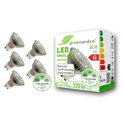 Afbeelding van 5x greenandco® CRI 90+ LED spot vervangt 39W GU10 in stappen dimbaar zonder dimmer 5W 320lm 3000K warm wit 110 230V, flikkervrij