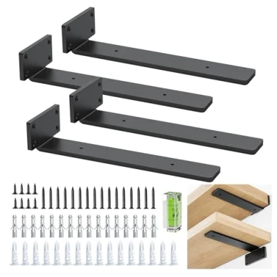 Afbeelding van 4 stuks plankhouders, zwevende plankdragers, 25 cm, robuuste plankhoeken (1/5 inch), dik metaal, plankhouders met moderne ijzeren afwerking, zwart