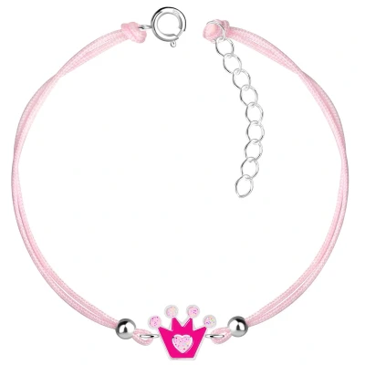 Afbeelding van JoyS Zilveren kroontje bedel armband roze sterling zilver 925 koord th85