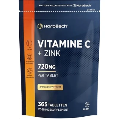 Afbeelding van Vitamin C Zink Tabletten 1 Jaar Voorraat 365 Veganistische Vitamine 700mg + 20mg Zinc Immuunsysteem Tablet per dag Horbaach