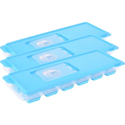 Afbeelding van Set van 3x stuks trays met ijsklontjes/ijsblokjes vormpjes 12 vakjes kunststof blauw afsluitdeks IJsblokjesvormen
