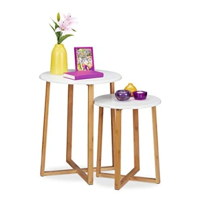 Afbeelding van Relaxdays bijzettafel set van 2, ronde mimiset. 48.5 &amp; 60.5 cm hoog, modern design, koffietafel, naturel/wit