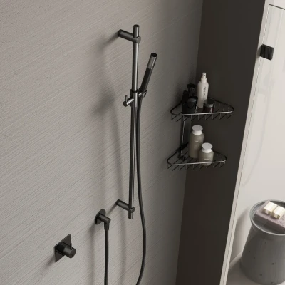 Afbeelding van HotBath Cobber glijstang 90cm met wandaansluitbocht 150cm doucheslang en staafhanddouche Zwart / Chroom