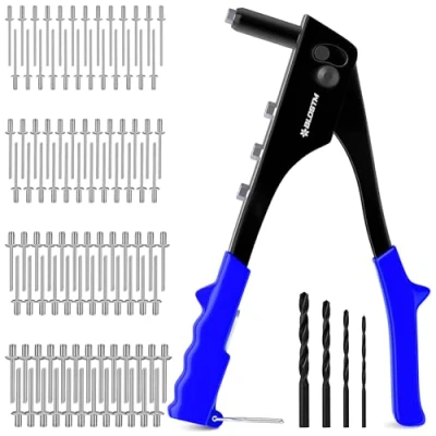 Afbeelding van BLOSTM Pop Klinknagel Gun Set 100 stuks klinknagels in 4 maten (2,4 mm 3,2 4,8 mm), popklinkhamer met voor metaal, kunststof (blauw)