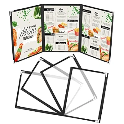 Afbeelding van Kurtzy Driedubbele A4 Menu Hoezen (5pak) 3 Vouws Dubbel Zicht Amerikaanse Stijl Houders Zwart Drieluik Hoes met Hoek Beschermers Voor Restaurants, Bars, Cafés, Voedsel &amp; Drank