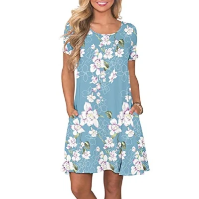 Afbeelding van AUSELILY Dames Zomerjurken Casual T shirt Korte Mouw Jurk Losse Swing met Zakken