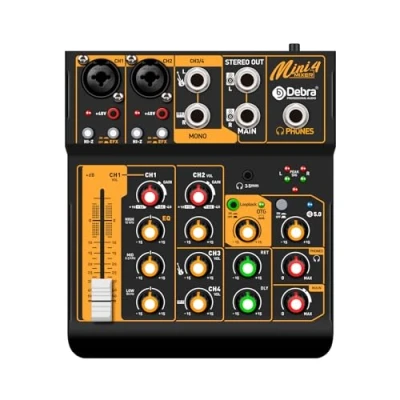 Afbeelding van Professionele audiomixer Mini4, geluidsmixer voor streaming, 4 kanaals audiomixer, USB audio interface en 48V fantoomvoeding Bluetooth podcastingmixer, live optredens, opname, DJ, pc