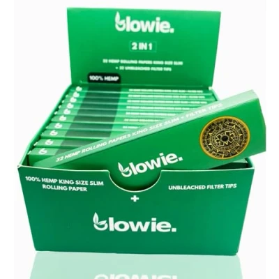 Afbeelding van Blowie® Premium 100% Hemp Vloeipapier met Filter Tips 33 Vloeitjes &amp; per Boekje King Size Slim Lange Vloei 32 Boekjes Doos Combideal