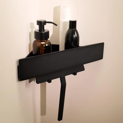 Afbeelding van Designfabrik Hamburg Doucheplank Zonder Boren I Hoekplank Badkamerrek Shampoohouder Zelfklevende Wandplank Badkamer Plank &amp; Organizer 2 Haken Zwart Driehoekig