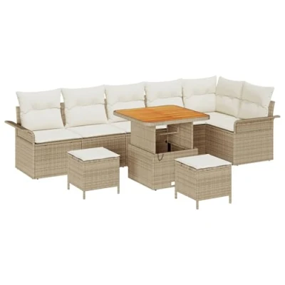 Afbeelding van vidaXL 9 delige tuinbankset met kussens Beige Poly Riet Acacia